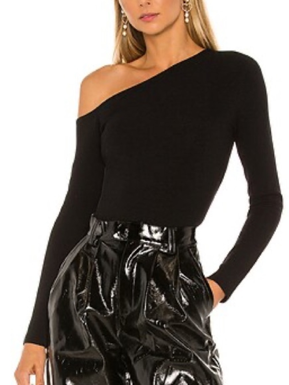 525 America Black Asymmetrical Neck Pullover Long-Sleeve Top in Black